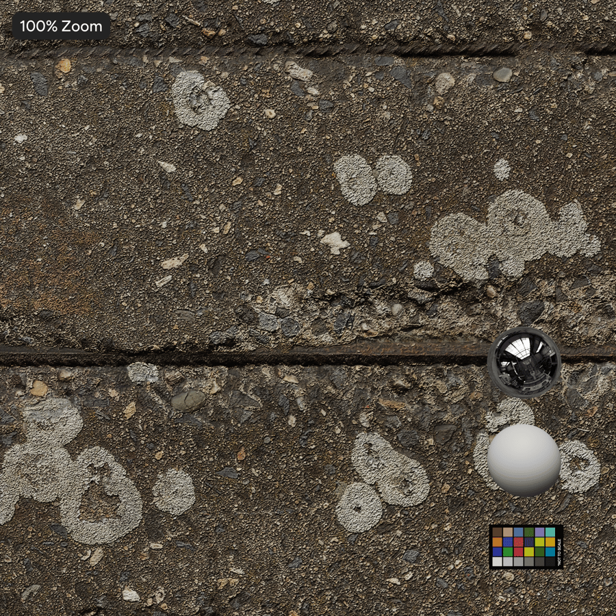 Textura de parede de concreto com vergalhões expostos com manchas de líquen