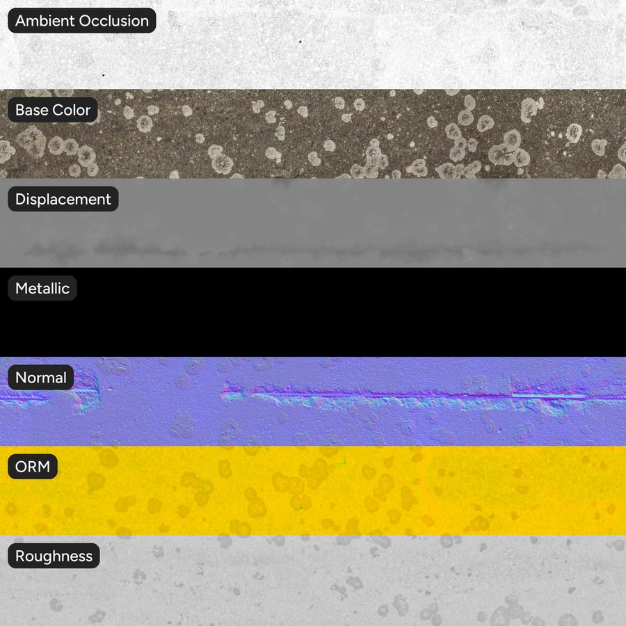 Textura de parede de concreto com vergalhões expostos com manchas de líquen