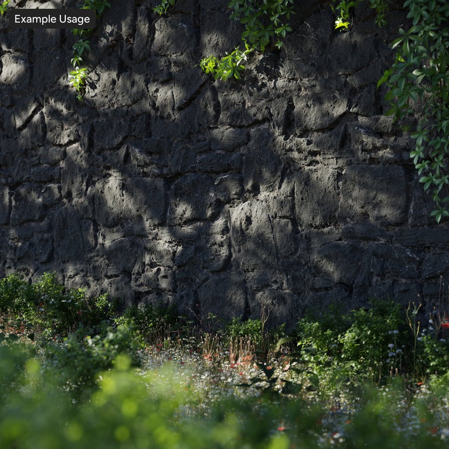 Textura de muro de piedra de escombros de basalto cubierto de líquenes