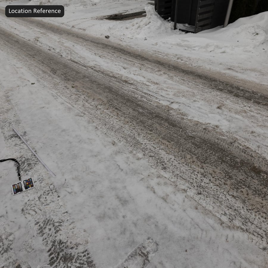 Texture di tracce di pneumatici sporche su neve a corsia singola