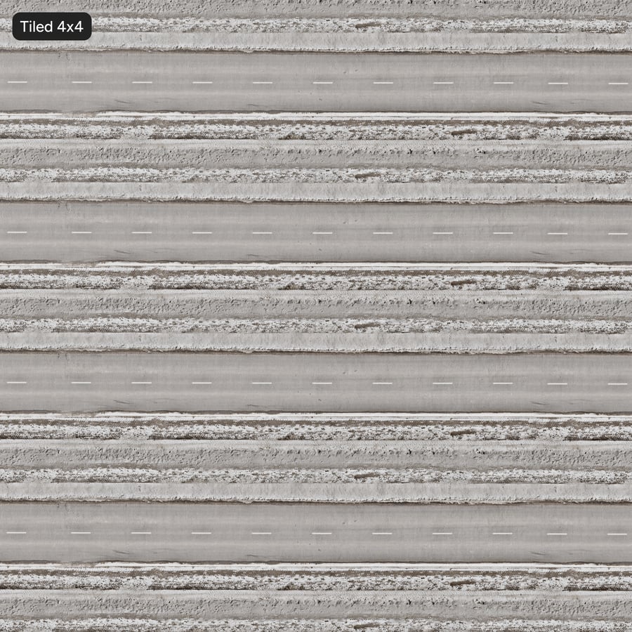 Texture aerea di asfalto stradale innevato, bianco e grigio