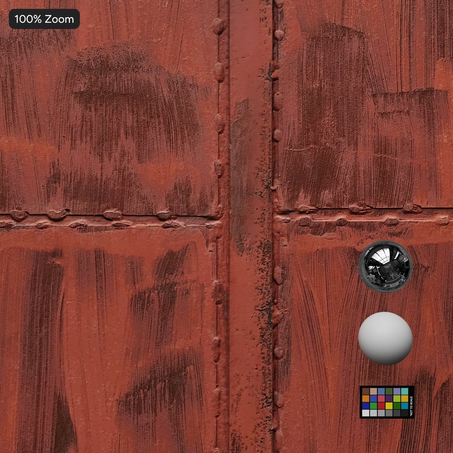 Texture di porta industriale in acciaio rivettato, rosso ruggine