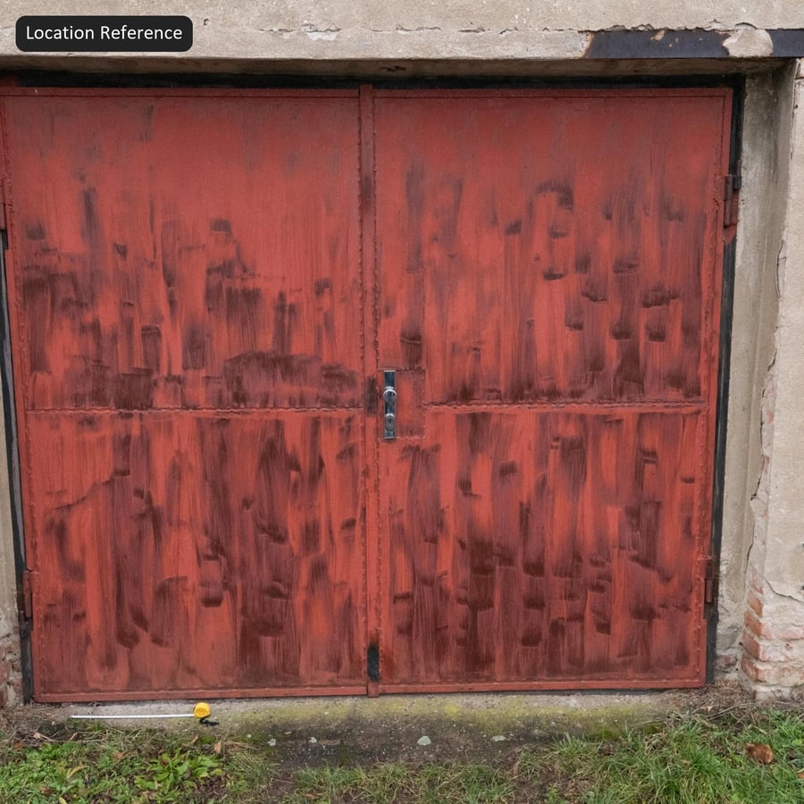 Texture di porta industriale in acciaio rivettato, rosso ruggine