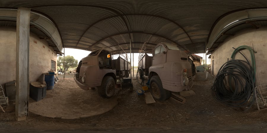 HDRI rifugio per veicoli agricoli, tardo pomeriggio