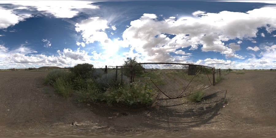Arid Scrubland Gate HDRI, Partly Cloudy Sky