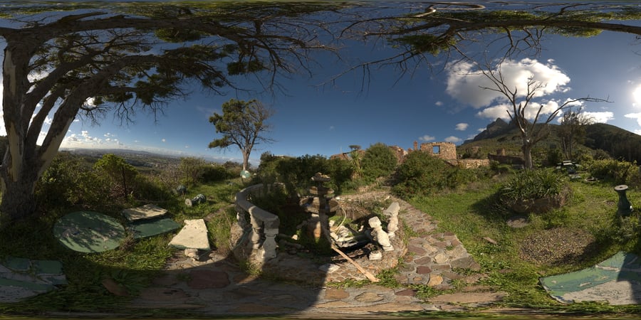 HDRI de jardín en ladera abandonado y cubierto de vegetación, soleado