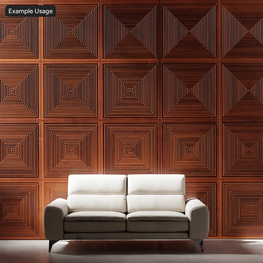 Textura de panel de pared de madera geométrico con cuadrados concéntricos, caoba