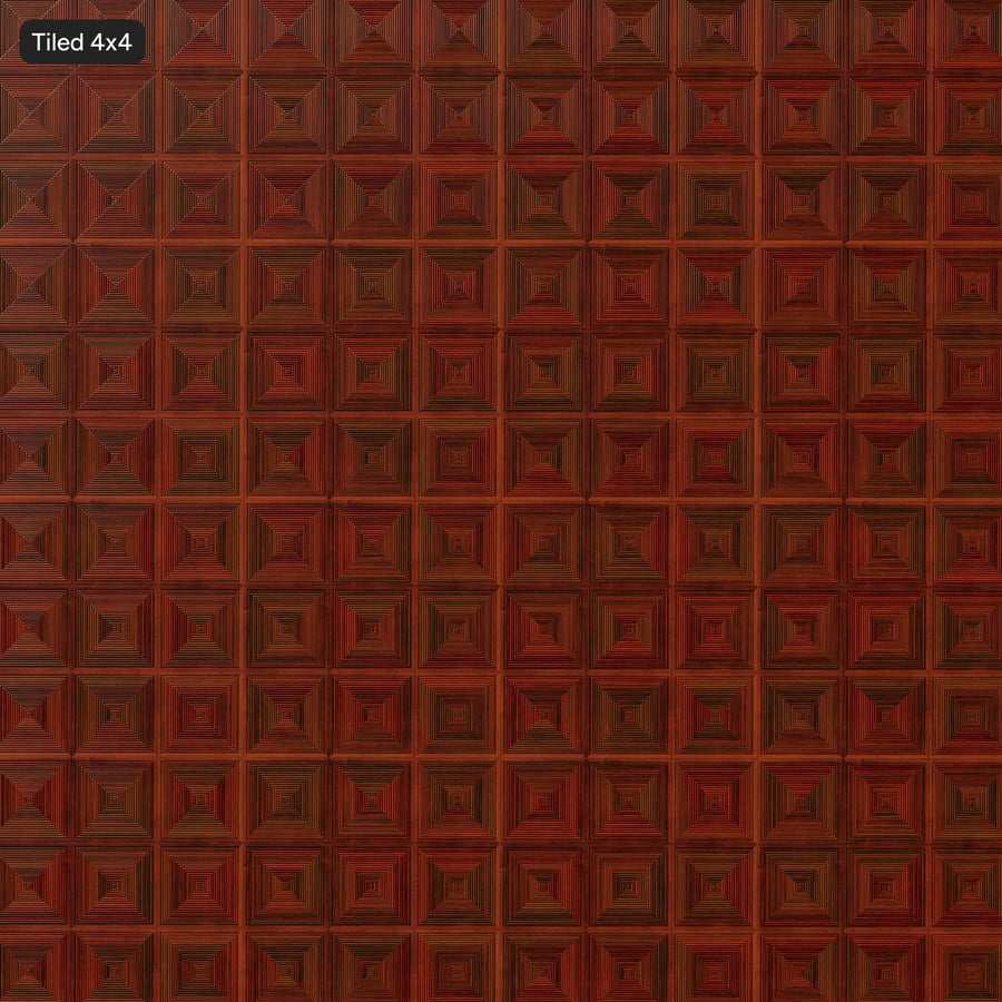 Textura de panel de pared de madera geométrico con cuadrados concéntricos, caoba