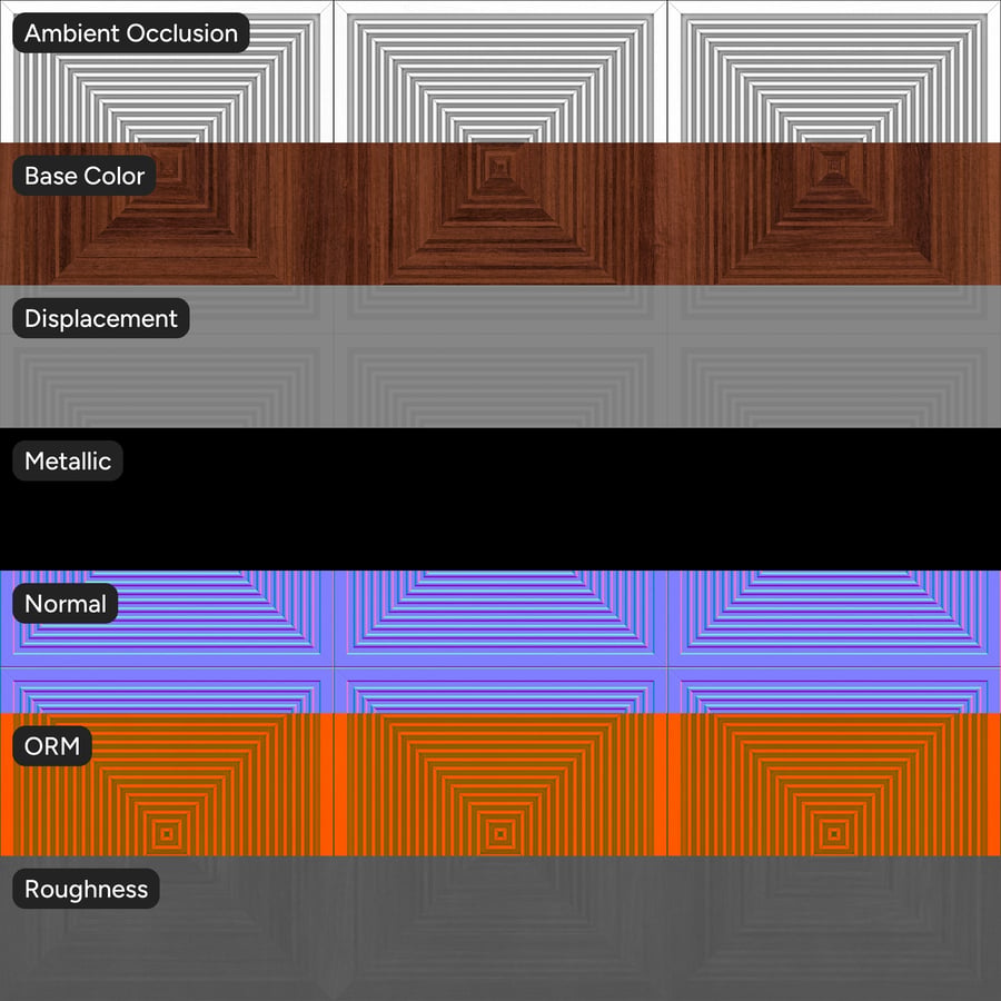 Textura de panel de pared de madera geométrico con cuadrados concéntricos, caoba