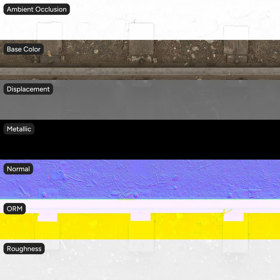 Carris de comboio afundados em textura de terra e gravilha, castanho