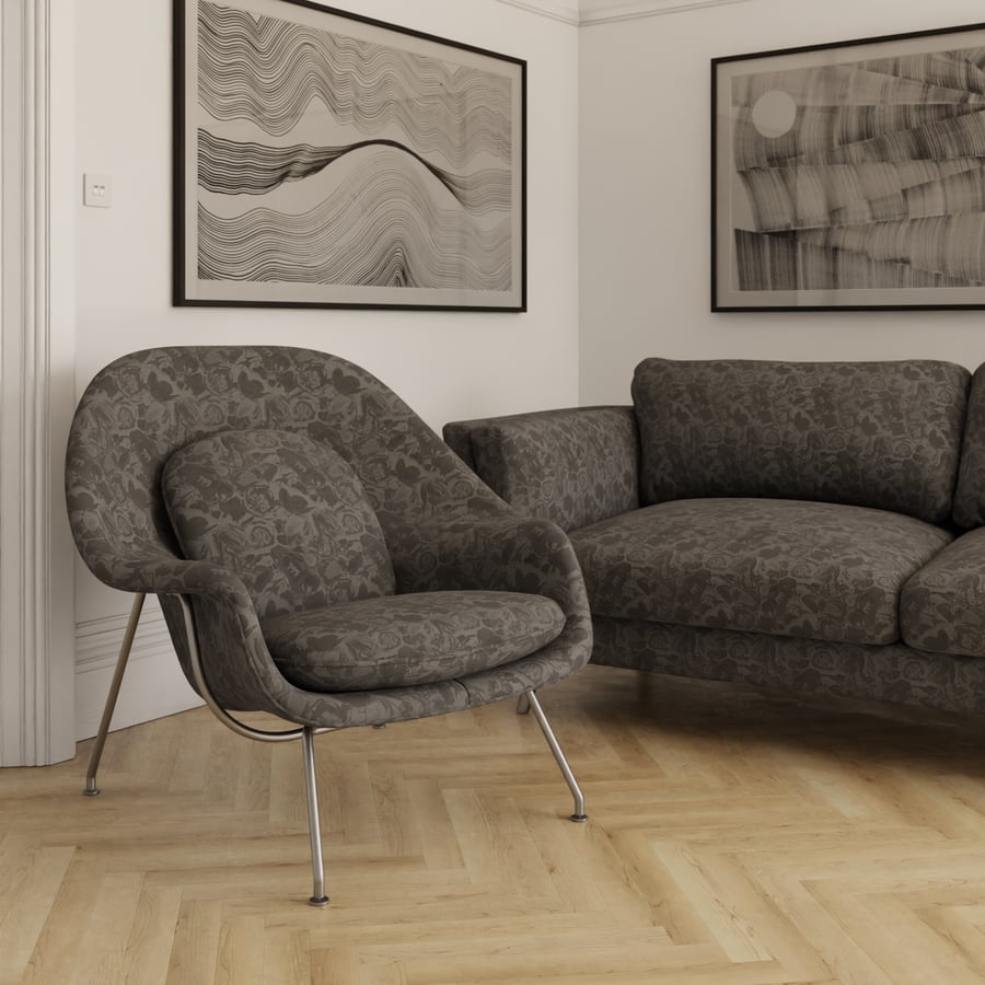 Textura žakárové látky s květinovým vzorem, šedá