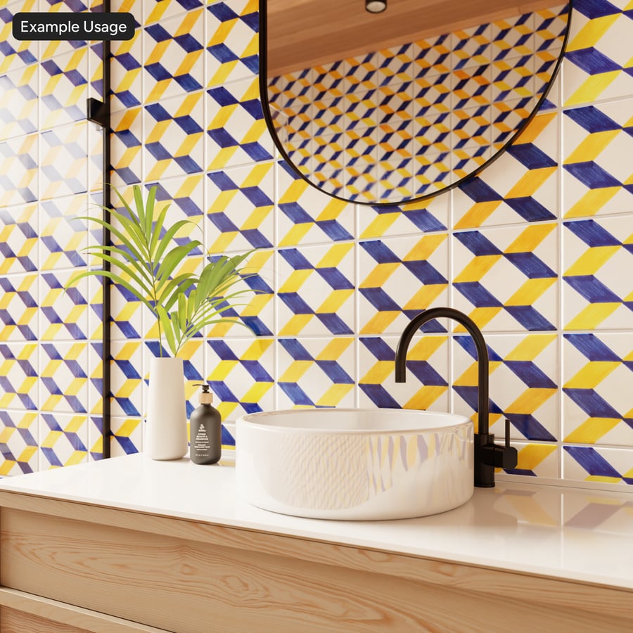 3D Geometric Talavera Ceramic Glossy Tile Texture, Blue and Yellow