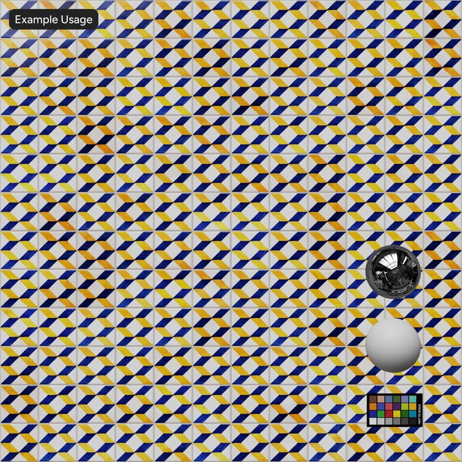 3D Geometric Talavera Ceramic Glossy Tile Texture, Blue and Yellow