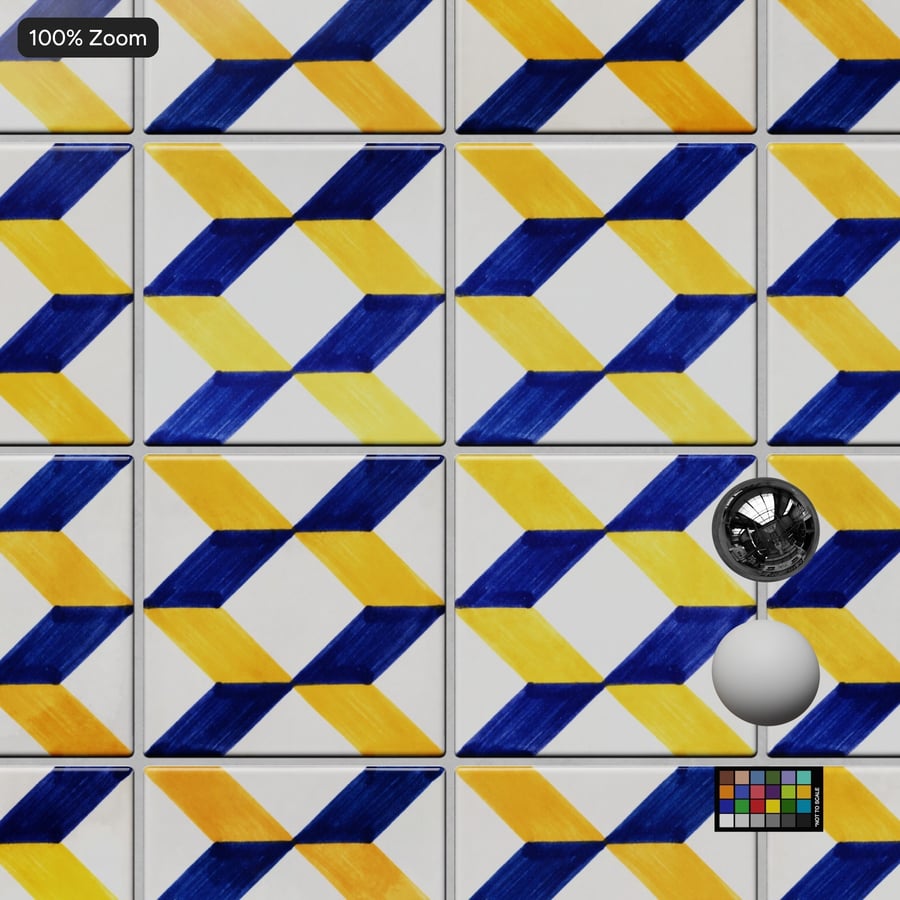 3D Geometric Talavera Ceramic Glossy Tile Texture, Blue and Yellow