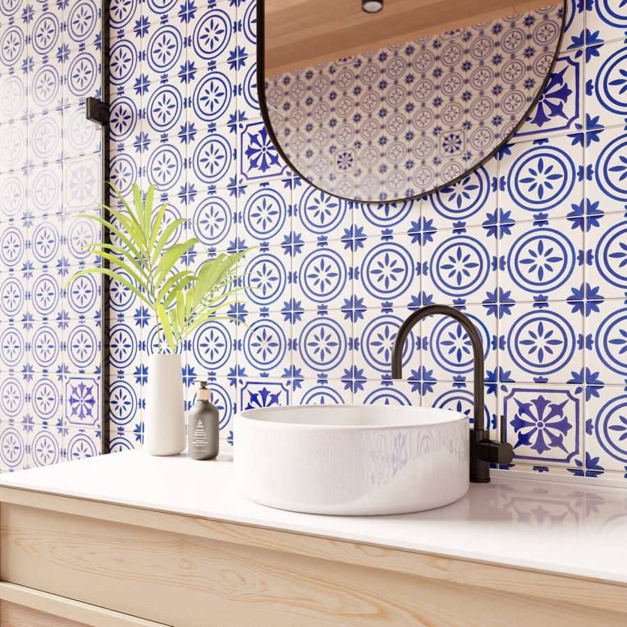 Textura de azulejo cerámico con patrón geométrico Talavera, azul