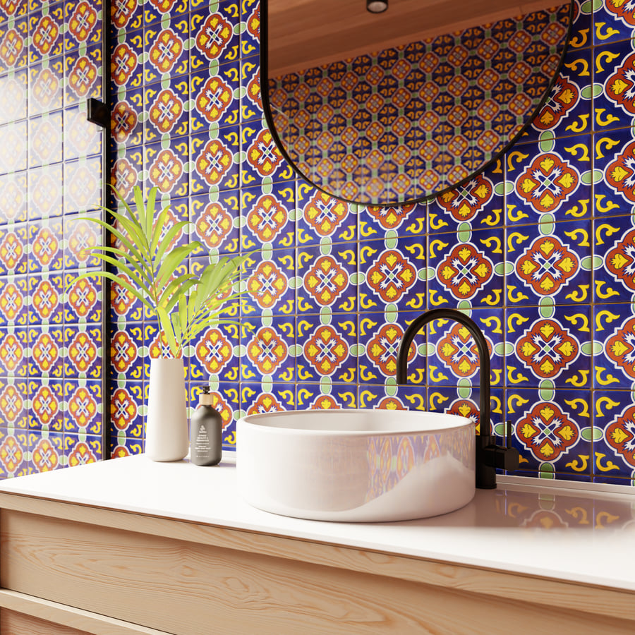 Geometric Talavera Ceramic Square Tile Texture, Blue