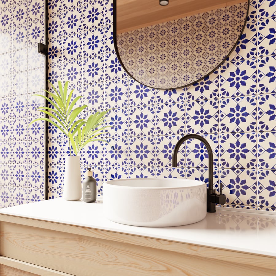 Textura de azulejo de cerámica Talavera floral, blanco y azul