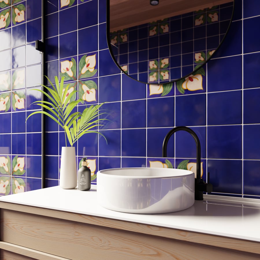 Floral Talavera Ceramic Tile Texture, Blue