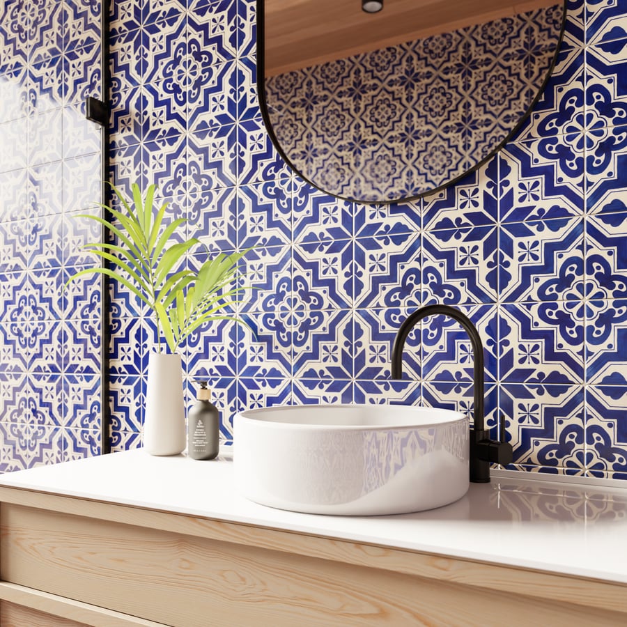 Textura de azulejo cerámico brillante Talavera, azul