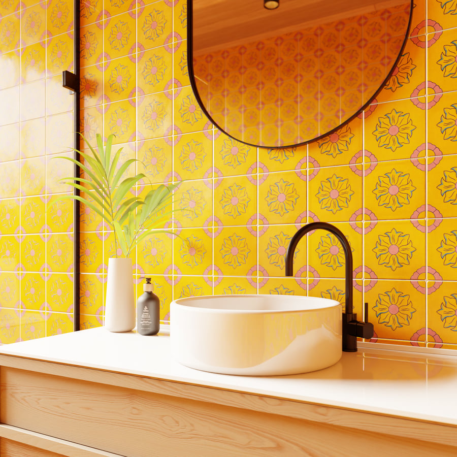 Floral Patterned Ceramic Talavera Tile Texture, Yellow