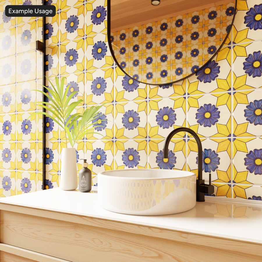 Floral Talavera Ceramic Tile Texture, Blue and Yellow