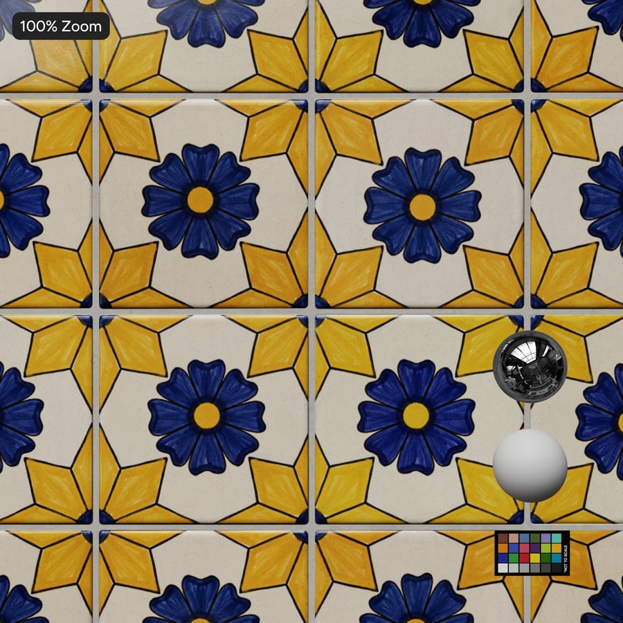 Floral Talavera Ceramic Tile Texture, Blue and Yellow