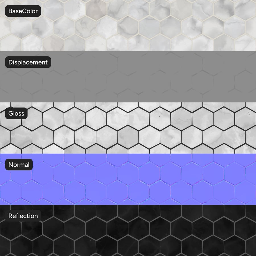 Texture di piastrelle esagonali in marmo lucido, bianco scuro