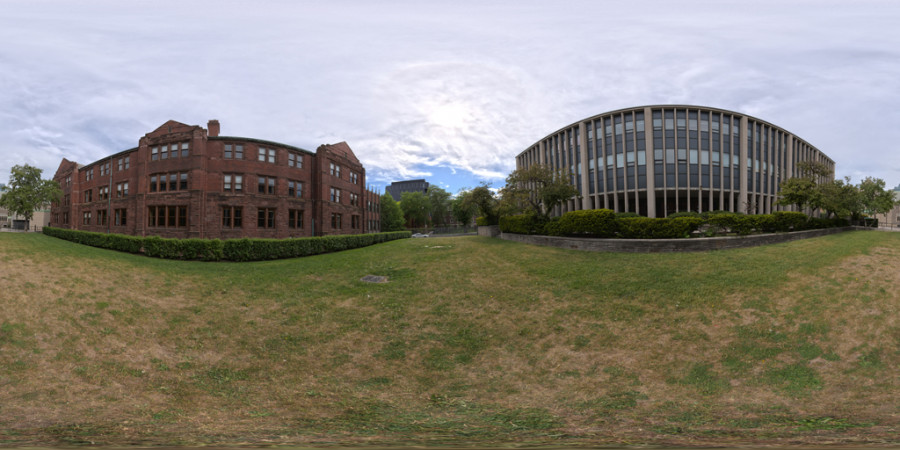 HDRI de exterior de dia nublado em campus universitário