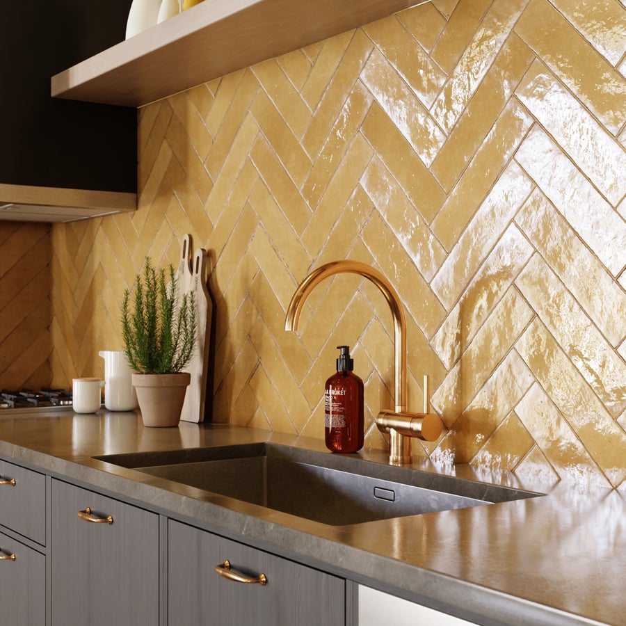 Espinha de peixe Zellige Textura de azulejo brilhante, amarelo