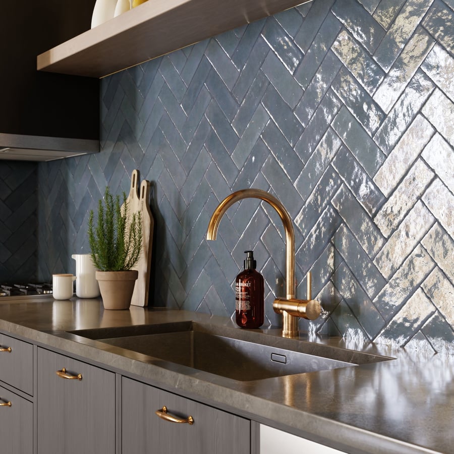 Herringbone Zellige Glossy Tile Texture, Dark Blue