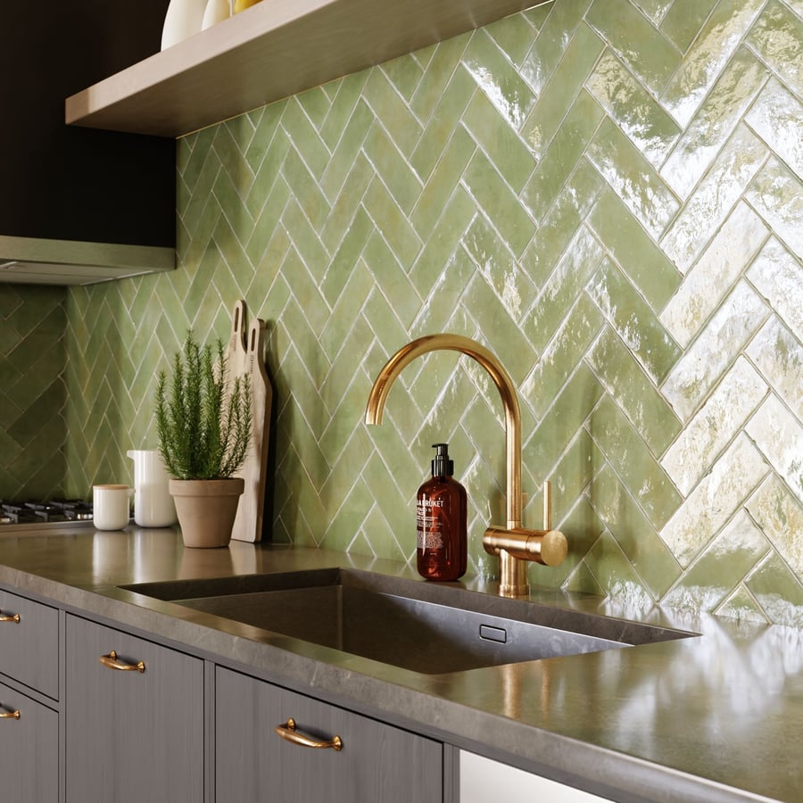 Espiga Zellige Textura Azulejos Brillantes, Verde Claro