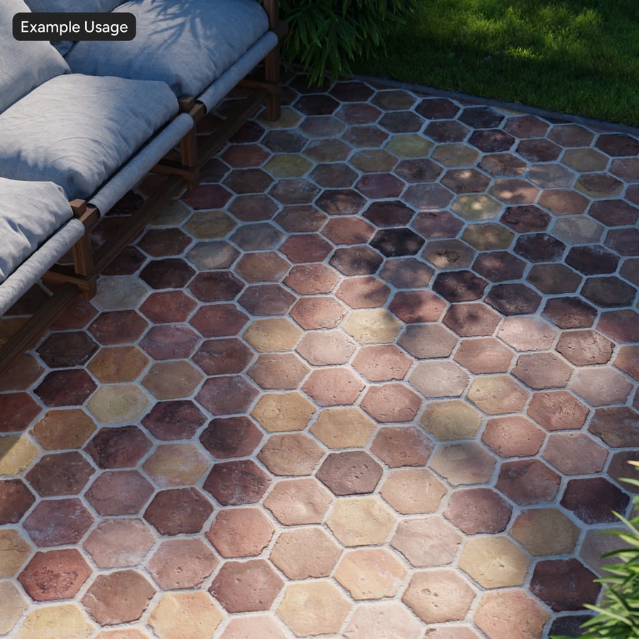 Zeshoekige ruwe terracotta tegelstructuur, geel oranje