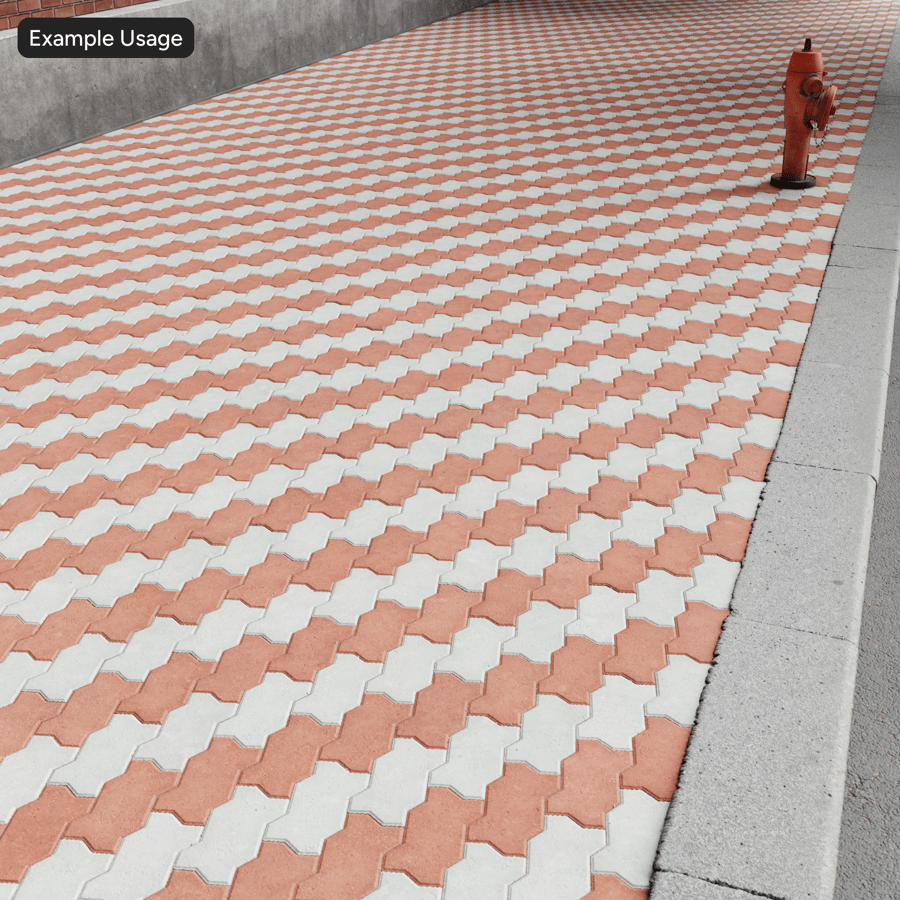 Zigzaggende bestrating, rood gestreept