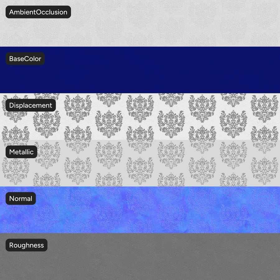 Reliéfní kobaltový damašek se sametovou texturou, modrý