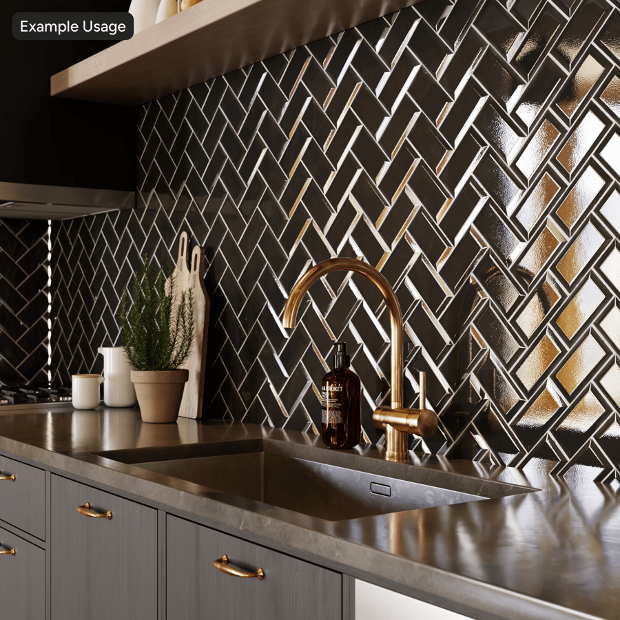 Herringbone Ceramic Glossy Tile Texture, Ebony