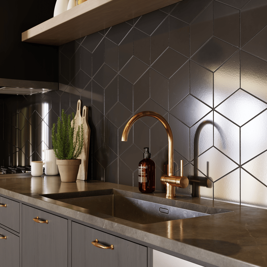 Azulejo Cerámico Romboide Textura Brillante, Negro