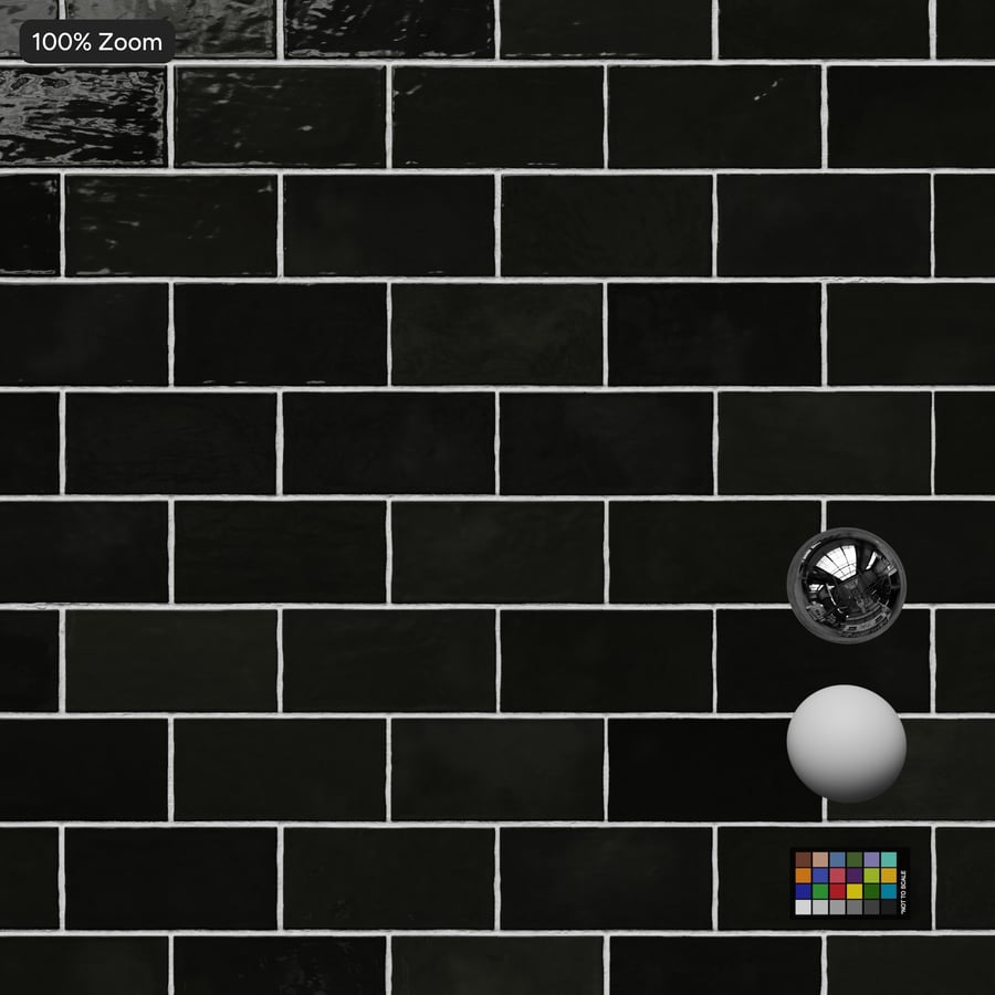 Azulejo retangular Offset Zellige Textura brilhante, Jet Black