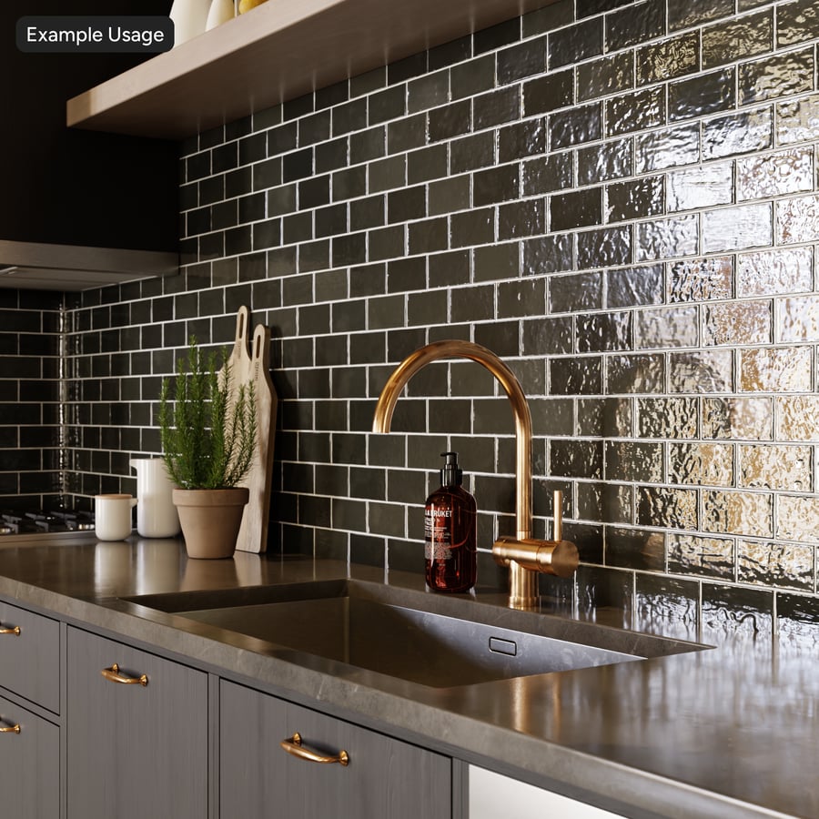 Azulejo retangular Offset Zellige Textura brilhante, Jet Black