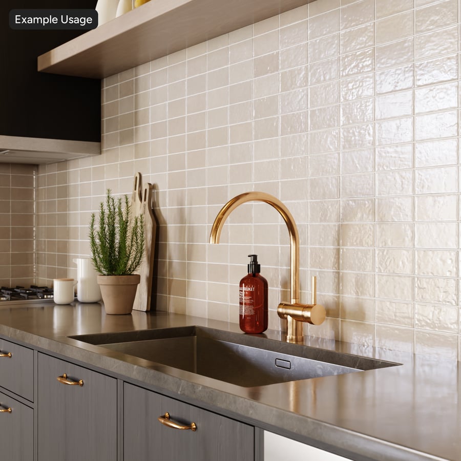 Azulejo retangular Offset Zellige Textura Brilhante, Bege Cremoso