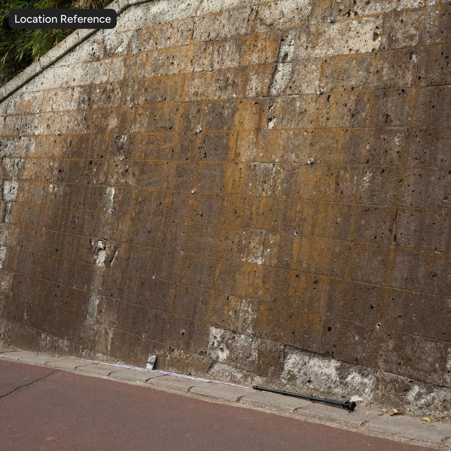 Textura betonové opěrné zdi porostlé lišejníkem